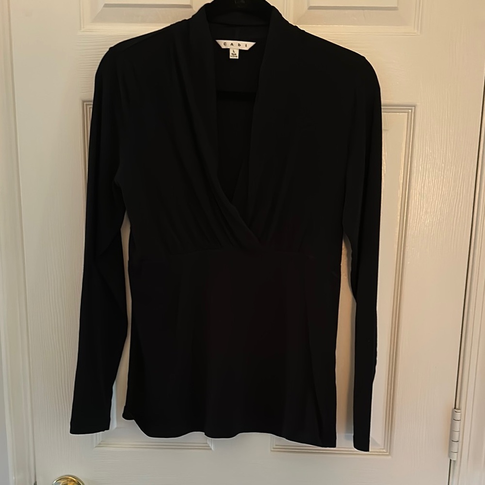 CAbi Black Flatter Me Tee Top Wrap Blouse Long Style # 771